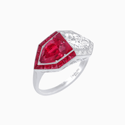 Art Deco Inspired Asymmetrical Two-Stone Ring with Pear-Cut Diamond and Gemstone - Shahin Jewelry